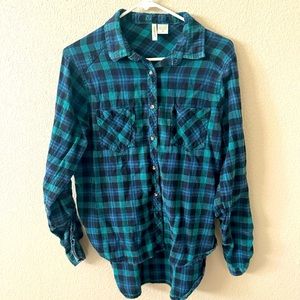 Blue and Green Button Down Plaid Shirt